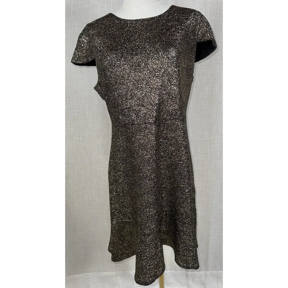 Michael Kors Women's Sz L Black Gold‎ Metallic Short Sleeve Party Sheath Dress
